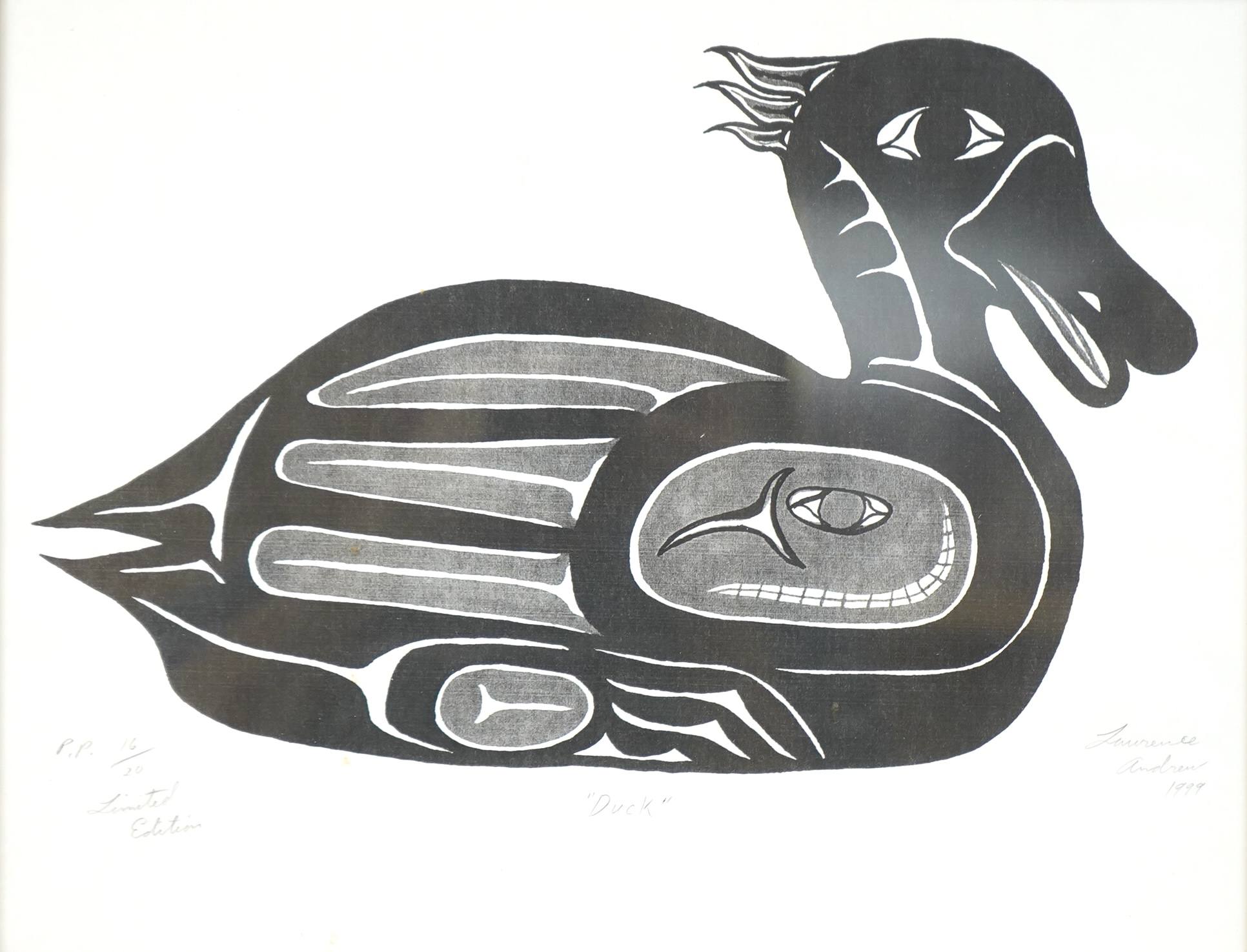 Laurence Andrew (contemporary), ‘Duck’, signed in pencil, dated 1999, limited edition 16/20, monochrome print, 27 x 24cm